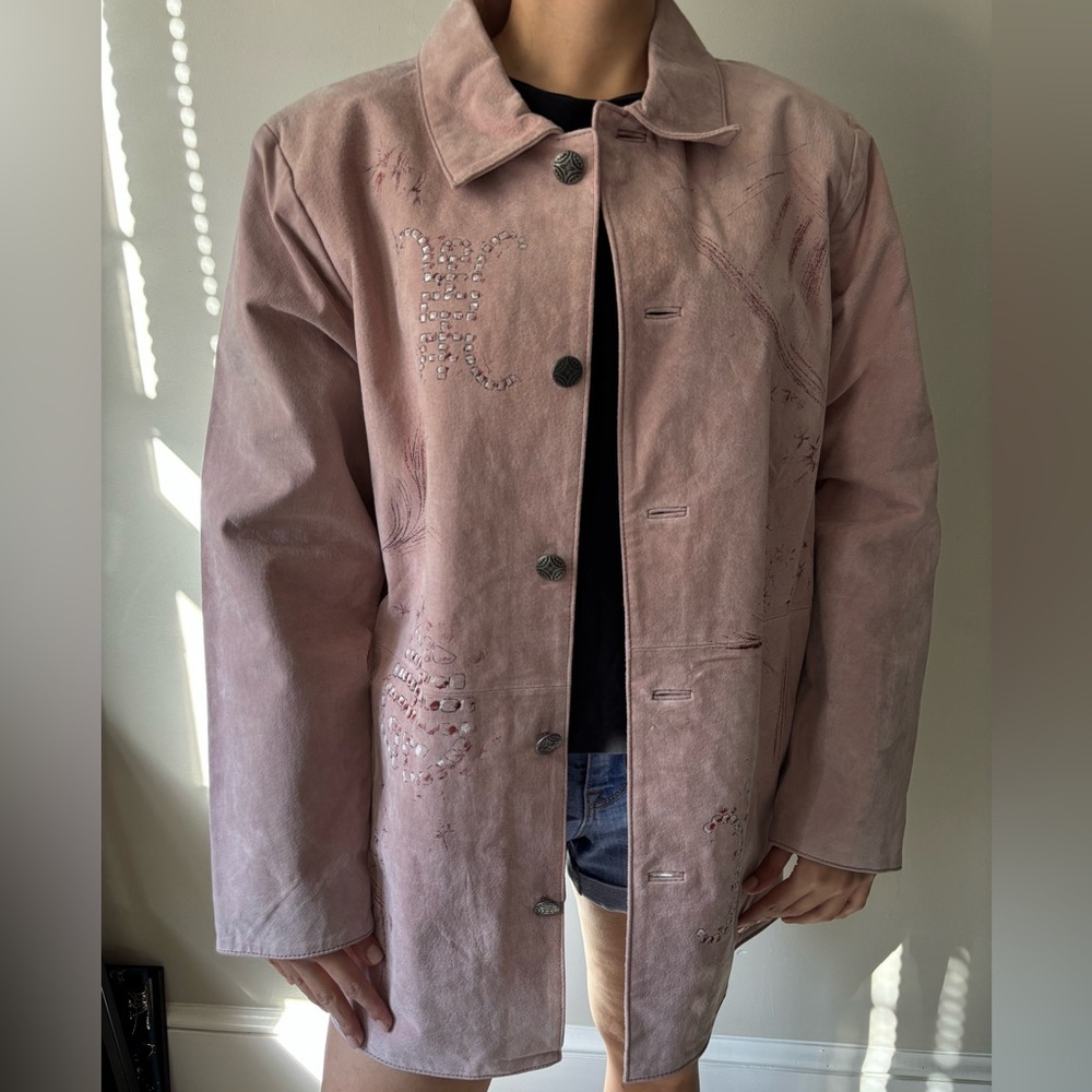 Vintage Ethereal Pastel Pink Painted Geisha Retro Indie Midi Suede Jacket Large - Picture 5 of 14